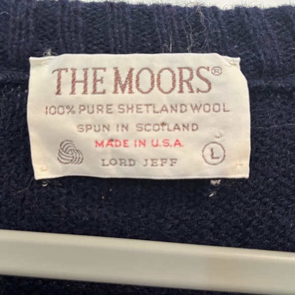 100% Shetland Wool THE MOORS Sweater by Lord Jeff Vintage 80’s Sz L Navy Blue - Picture 4 of 14